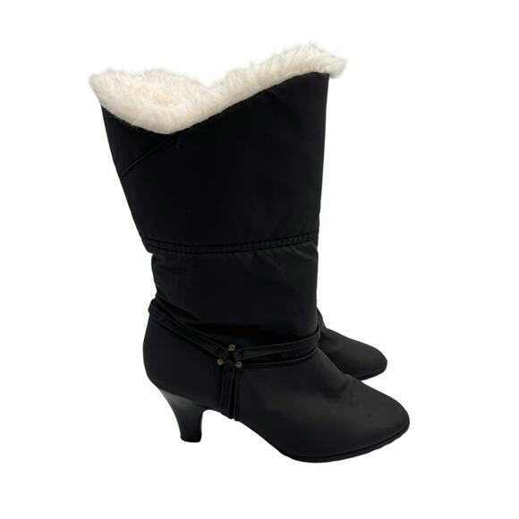 R.O.C. Vintage Black Nylon Mid Calf Faux Fur Pointed Toe Cone Heel Pull On Boots - Picture 3 of 12